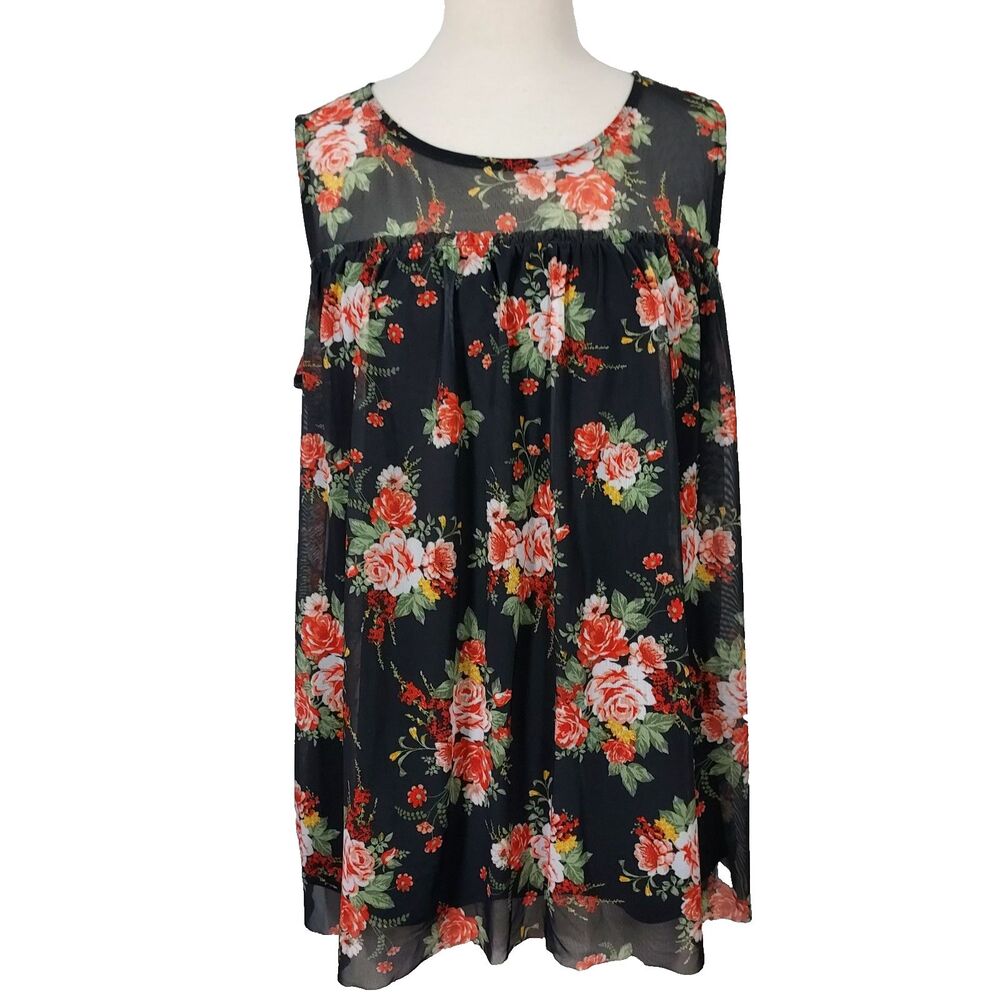 Boobie Brooks Romantic Floral Shirt Top Sheer Mesh Overlay Stretch Women Plus 1X